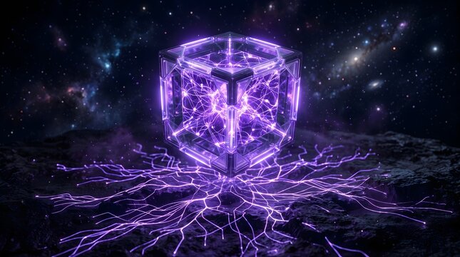 Futuristic quantum energy cube with glowing purple lightning roots floating on rocky planet surface in deep space