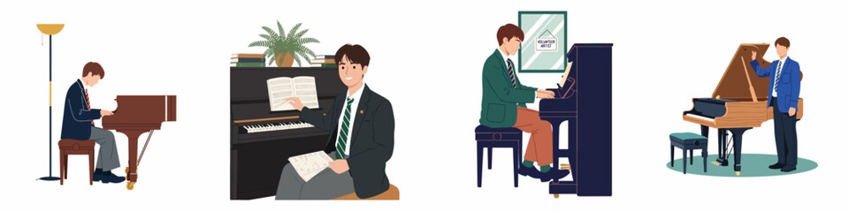Set of illustrations featuring a young male student in uniform playing and posing with grand and upright pianos in different settings. © Fadlol