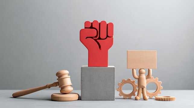 Conceptual representation of labor rights and social justice with a red fist, wooden gavel, and mannequin with gears