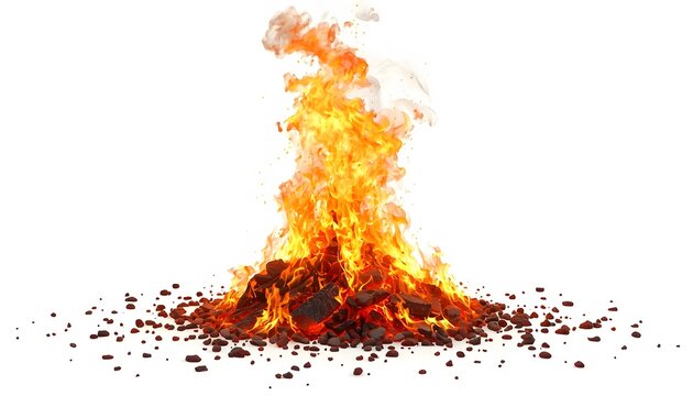 Fiery abstract explosion with burning embers and intense flames on white background.