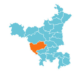 Fototapeta premium Bhiwani district highlighted in orange on blue Haryana map