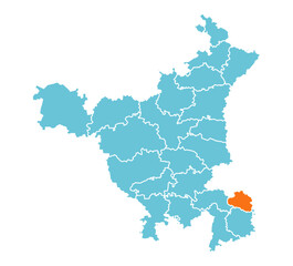 Obraz premium Faridabad district highlighted in orange on blue Haryana map