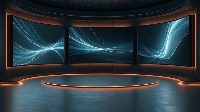 Futuristic virtual studio stage with glowing abstract screens