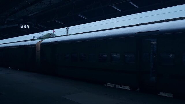 A passenger train pauses at a dimly lit railway platform, preparing for its next journey through Karnataka, India, symbolizing urban travel.