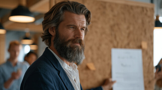 Manager pins a return-to-office mandate notice to a communal corkboard as employees in the background trade uncomfortable glances, someone photographing the notice on their phone,