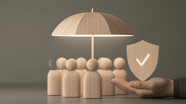 Wooden figures under umbrella with shield in hand representing insurance and protection