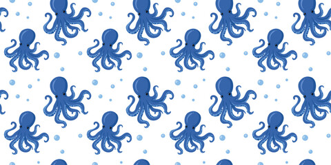 adorable cartoon blue octopus ocean seamless nursery pattern white background © Tetiana Kasatkina