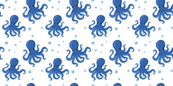 adorable cartoon blue octopus ocean seamless nursery pattern white background