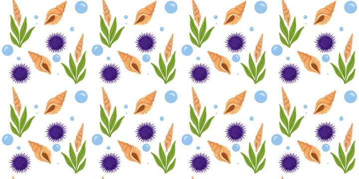 seamless cute sea urchin seashell seaweed underwater vector pattern illustration design