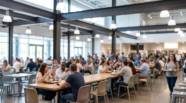 Crowded corporate cafeteria with employees having lunch and socializing in bright modern office canteen with industrial architecture and high ceilings during break time