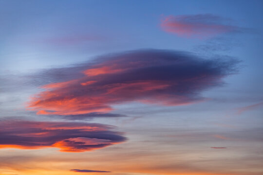 Pink lenticular clouds on sky at sunset