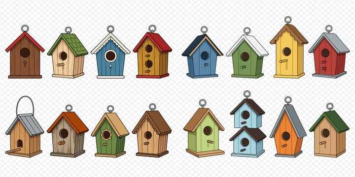 Set of colorful wooden birdhouses and bird feeders in various shapes and designs, isolated on a transparent background.