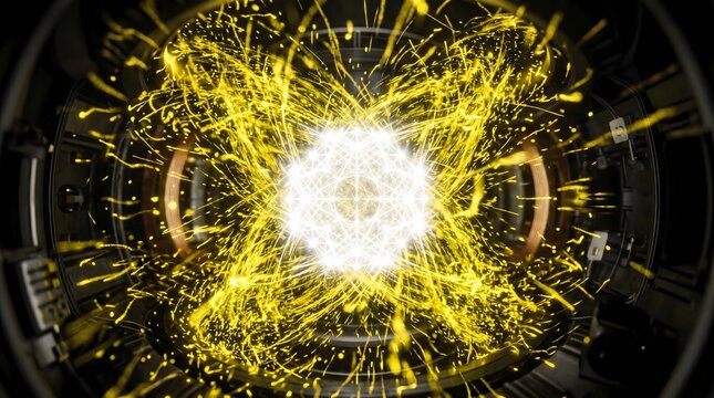 A highly detailed macro shot captures a bright yellow light exploding in a science laboratory setting with electrical equipment.