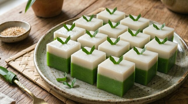 An appetizing close-up of Indonesian kue talam pandan layered dessert cakes with smooth green and white layers, topped with v-shaped pandan leaves and served on a round ceramic plate.
