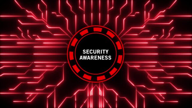 A central circular emblem with the words SECURITYAWARENES in white text against a black background, surrounded by a red segmented ring, all set against a dark background illuminated