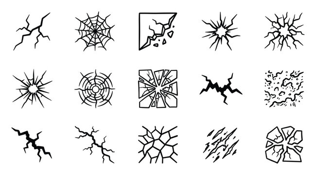Set of broken glass effects and fracture texture illustrations