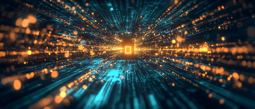Billions of microscopic quantum particles transporting data across a dark blue futuristic landscape, cyan and gold glow, smooth depth of field, abstract innovation background, clean composition,
