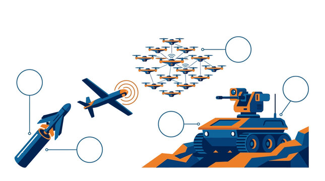 Military Drone Ecosystem and Unmanned Ground Vehicle Infographics Vector Illustration, Modern Autonomous Defense Tech Concept