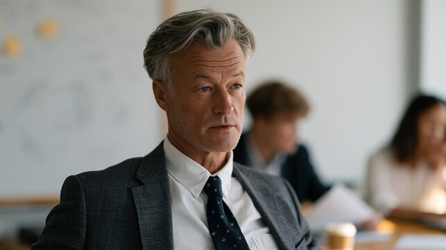 Middle-aged engineer sits rigid at a conference table as a younger colleague talks over him mid-sentence, a whiteboard full of his erased diagrams visible behind the group,
