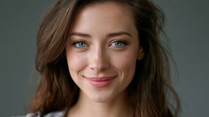 Naklejka premium Beautiful young woman with blue eyes and brown hair smiling naturally against gray background portrait