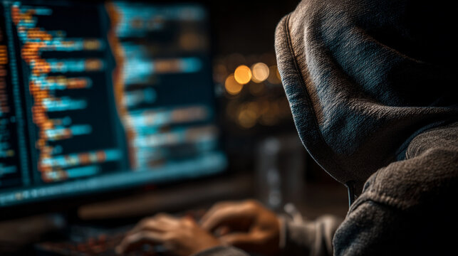 Hacker in hoodie working on computer with code on screen