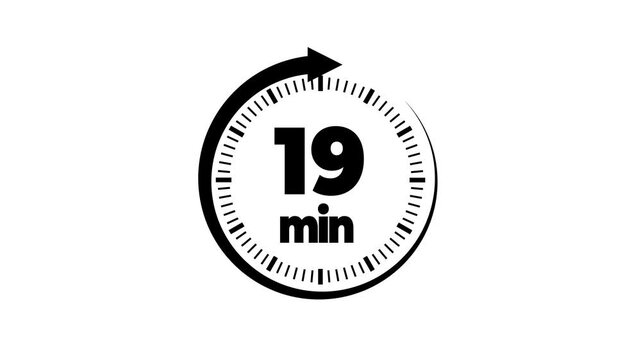 19 minute timer symbol, isolated on transparent white background with alpha channel. 19 min time circle icon .Animation timer icon with 19 min Clock, stopwatch, cooking time label