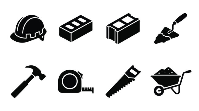 Construction tools icon set, black building equipment vector symbols, masonry and carpentry hardware collection with 8 icons isolated PNG with Transparent Background