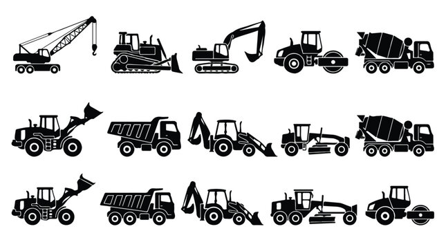 Heavy construction machinery icons, black silhouette industrial vehicle set of 15 vector elements, earthmoving equipment for building site projects isolated PNG with Transparent Background