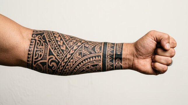 Man's Arm Covered in Intricate Black Tribal Tattoo Sleeve
