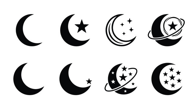 Celestial crescent moon icons with stars, set of 8 black vector moon silhouettes, mystical lunar phase symbols for astrology and night sky design isolated PNG with Transparent Background