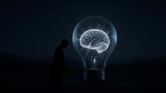 A glowing human brain inside a light bulb in the dark