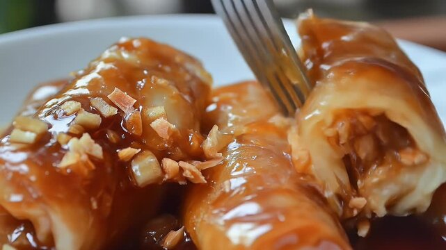 Lumpiang Ubod Rolls with sweet sauce & peanuts, served on a white plate