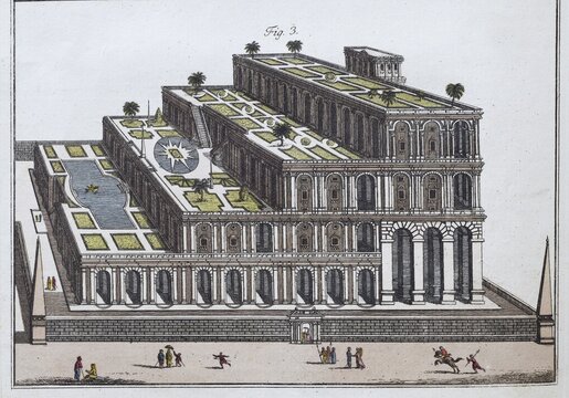 Hanging Gardens of Semiramis of Babylon, the seven wonders of the world, hand-coloured copperplate engraving from Friedrich Justin Bertuch's picture book for children, 1801From Friedrich Justin Bertuch's picture book for children, Vienna 1801