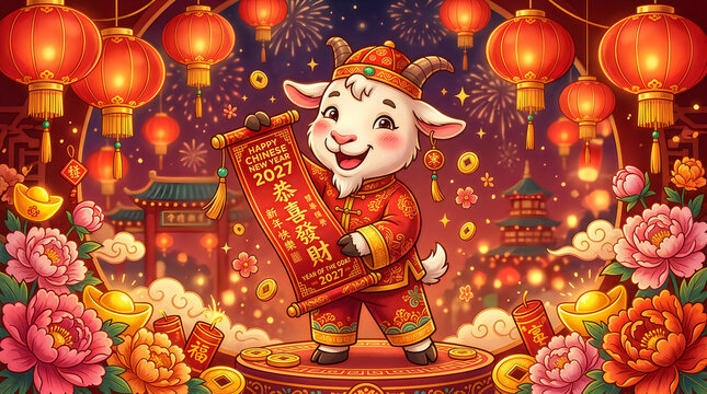 Cute goat character holding traditional scroll chinese new year 2027