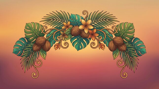 Tropical Garland with Coconuts and Flowers on Sunset Background