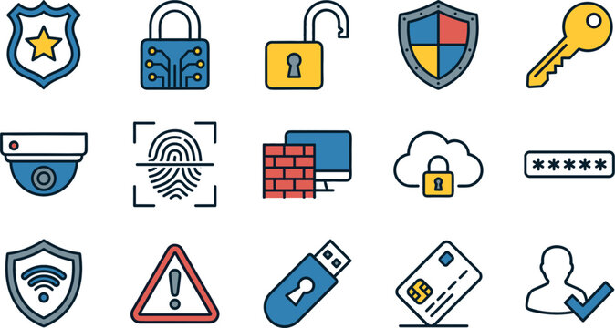 Digital security and network protection vector icon bundle showing secure padlocks hardware firewalls encrypted passwords wifi shields and malware alerts (21 words)