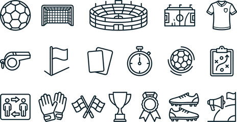 Football match tournament linear vector icon bundle showing coach tactics player jersey referee whistles goalkeeper gloves and winner trophies (21 words) © Vectorfair