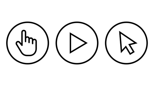 A set of three circular icons featuring a pointing finger, play button, and mouse cursor.