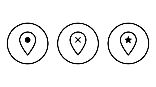 Set of three minimalist outline location pin icons within circles: a solid dot, a cross, and a star.