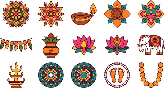 Indian traditional cultural ornament collection showing colorful geometric mandalas blooming lotus flowers toran leaf garland and Laxmi footprints icons (20 words)