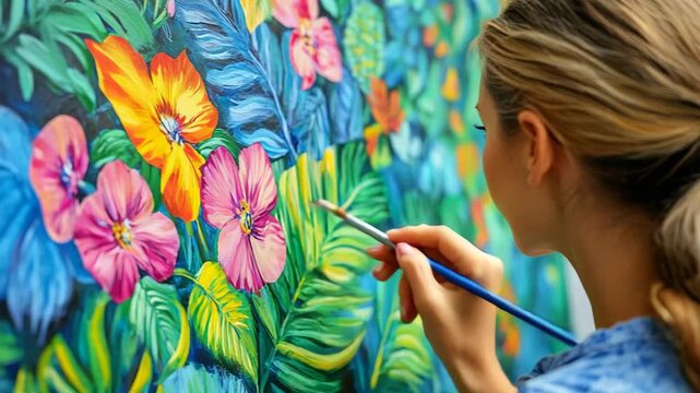 modern illustrator working on vibrant botanical digital composition