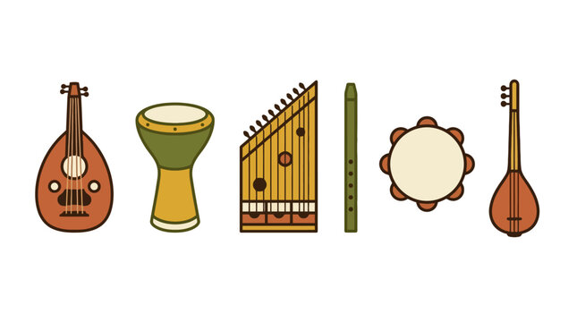 Collection of traditional Middle Eastern musical instruments in flat vector style. EPS Editable