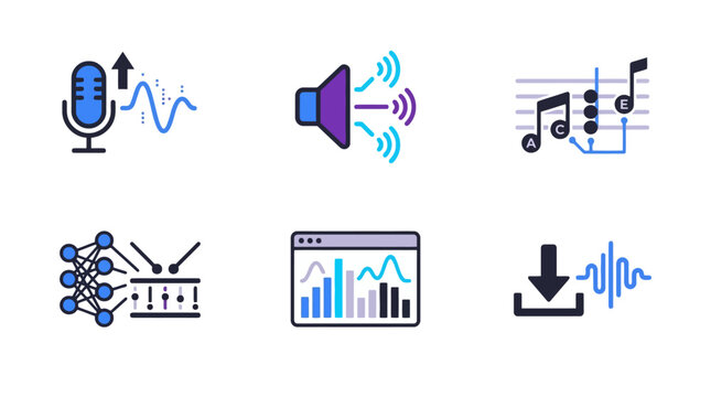 Set of digital audio production software icons for music engineering and sound design. EPS Editable