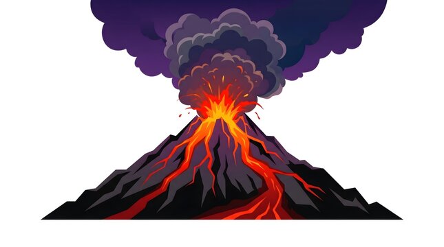 Volcanic Mountain Eruption Lava &mdash; Red Orange Lava Rivers Dark Purple Sky Bold Flat Vector