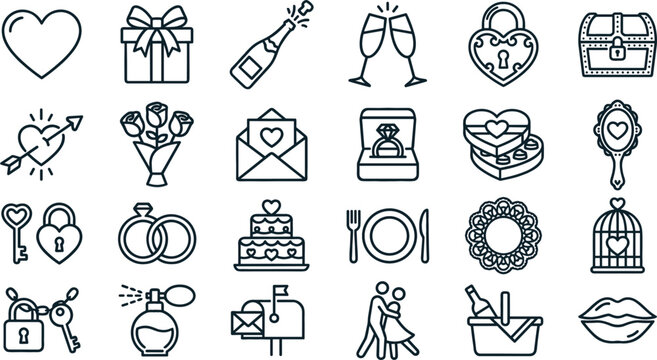 Wedding celebration and anniversary linear vector icon set showing romantic dancing couples rose bouquets dinner plates and love letter graphics (21 words)