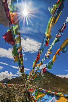 Praying flags on the Karo-La Pass along the Friendship Highway, Tibet, Asia