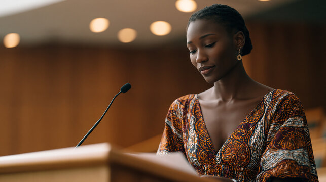 Graduate student in traditional West African wax-print dress presenting her research thesis at a university podium, the clothing a deliberate statement of cultural identity within