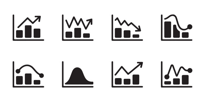 Various business charts set showing growth decline and fluctuation trends with bar graphs and line plots.