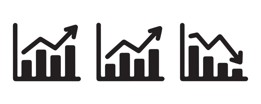 Business performance tracking graph icons with ascending growth arrows and descending economic decline bars.