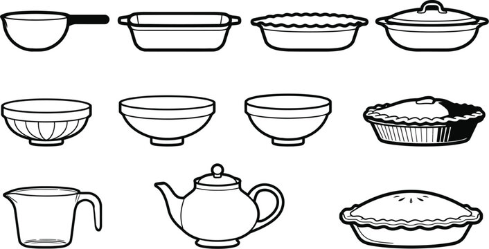 Kitchenware icon set featuring diverse cookware baking tools
